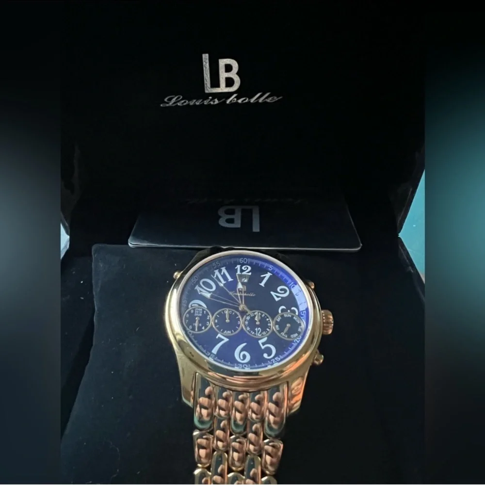 Louis Bolle Men's Automatic Chronograph Style Blue Dial Gold-Tone Weave Bracelet